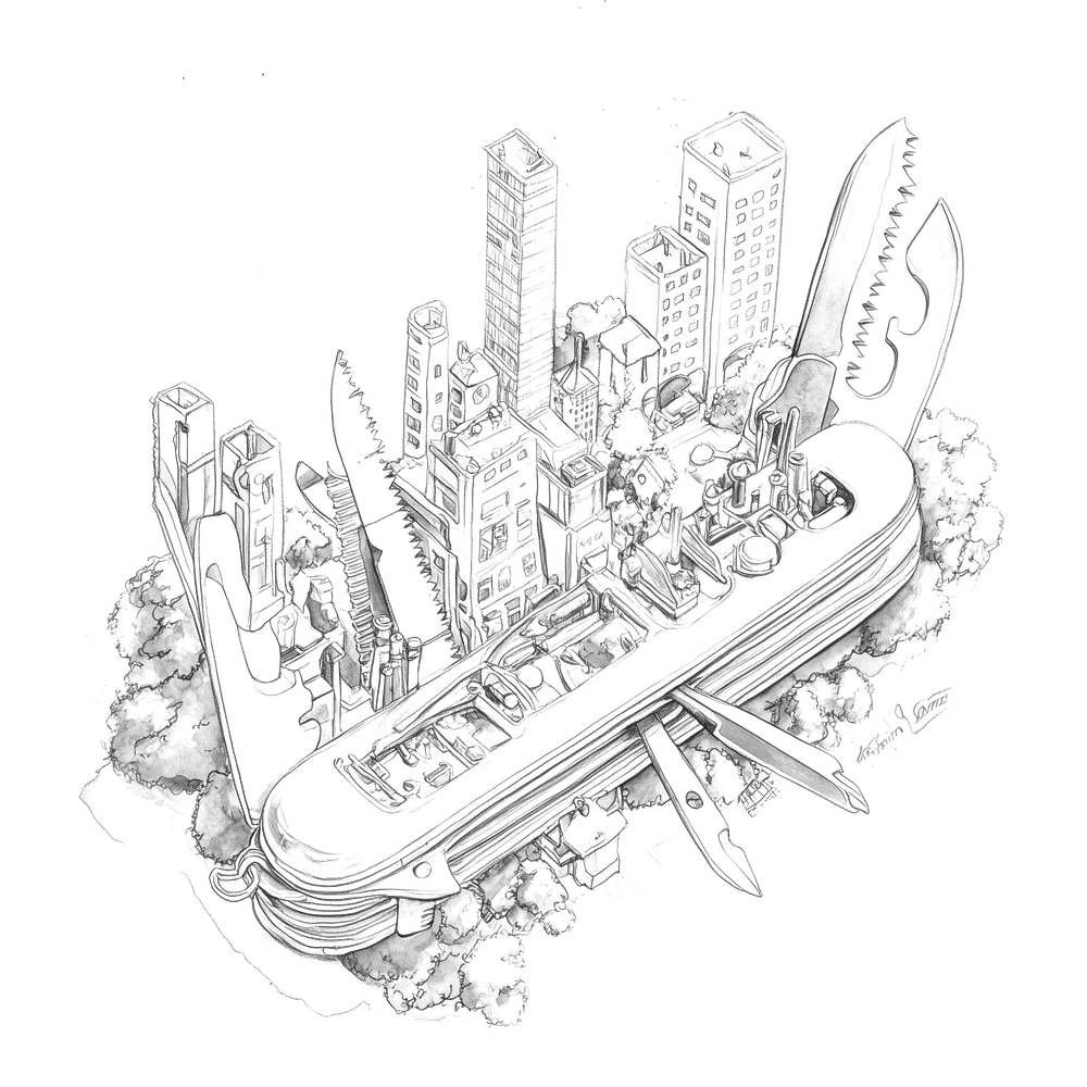 Pencil illustration of a city built on a pocketknife